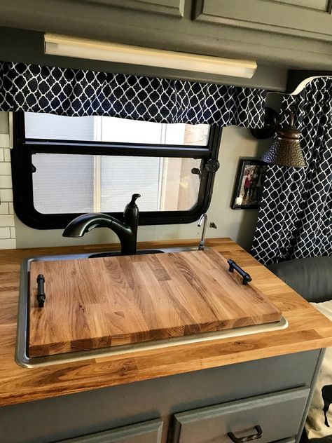 01b2250da3ba48c2f92b1eb2a2588231e5a3702983 Camper Table, Motorhome Remodel, Butcher Block Table, Rv Interior Remodel, Camper Redo, Caravan Makeover, Sink Cover, Camper Trailer Remodel, Camper Reno