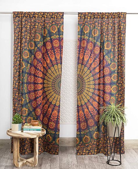 Popular Handicrafts Indian Hippie Bohemian Beautiful Peacock Mandala Curtain Panels Neavy Blue Multi Color Door Drapes, Mandala Curtains, Peacock Mandala, Tree Of Life Tapestry, Window Treatments Sheer, Tapestry Curtains, Color Mandala, Dining Room Curtains, Bohemian Curtains