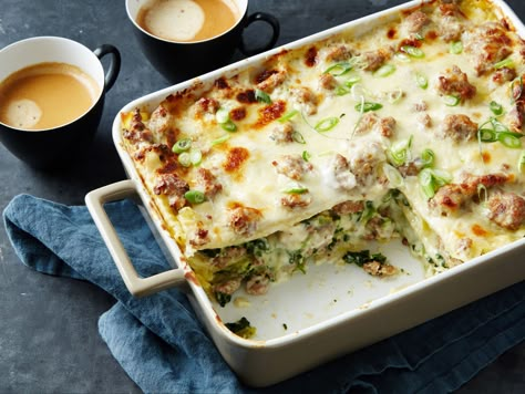 Sausage Gravy Breakfast Lasagna recipe from Food Network Kitchen via Food Network American Potatoes, Breakfast Lasagna Recipe, Sausage Gravy Breakfast, Holiday Pudding, Potatoes Smashed, Spinach Gratin, Breakfast Lasagna, Croissant Bread, Roast Turkey