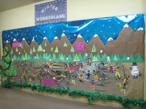 Winter wall mural Winter Mural, Classroom Door Displays, Village Kids, Art Thoughts, Christmas Classroom Door, 2nd Grade Art, Art Night, Winter Village, Door Displays