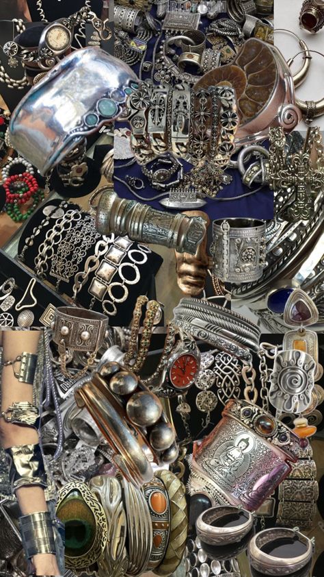 stacked aesthetic bintage Maximalist Silver Jewelry, Silver Maximalist Jewelry, Maximalist Jewelry Aesthetic, Maximalist Jewelry Silver, Silver Jewelry Aesthetic, Silver Jewlery, Jewelry Aesthetic, Summer 2024, Vision Board