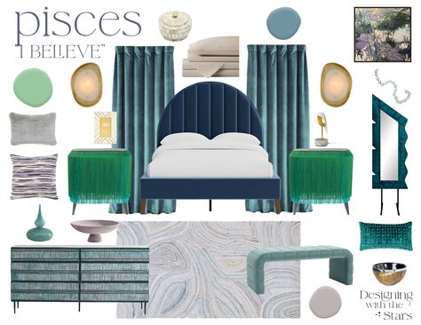 Our dreamy bedroom design for Pisces, based on sun sign characteristics. Pisces Bedroom, Pisces Astrology, Sagittarius Capricorn, Aquarius Pisces, Libra Scorpio, Scorpio Sagittarius, Sun Sign, Dreamy Bedrooms, Room Signs