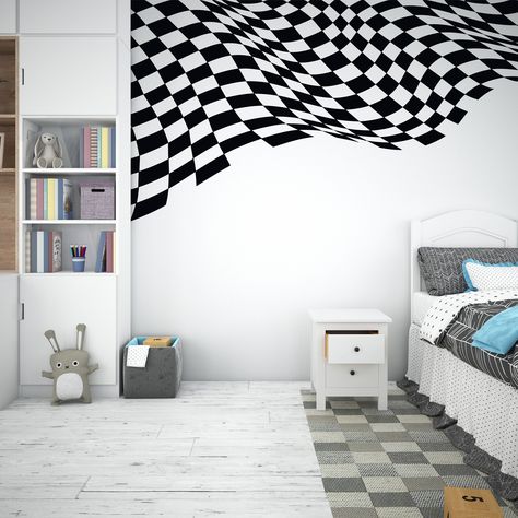 Race Car Mural, Racing Bedroom, Flag Mural, Race Car Nursery, Boy Car Room, Car Themed Bedrooms, Wall Paint Patterns, Race Flag, Car Nursery