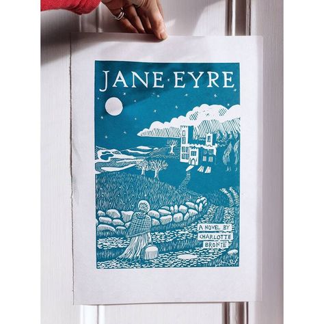 Jane Eyre Book Cover, Jane Eyre Book, Charlotte Brontë, Blue Green Turquoise, Lino Cut, Charlotte Bronte, Jane Eyre, Printed Pages, Print Book