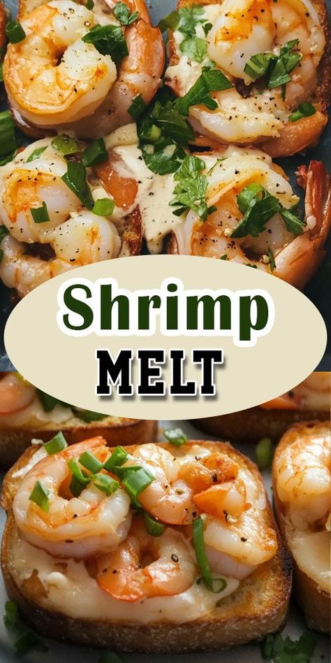 Ingredients: 1/2 pound cooked shrimp, chopped 1/4 cup mayonnaise 1/4 cup finely chopped celery 1/4 cup finely chopped green onions 1 teaspoon lemon juice 1/2 teaspoon Worcestershire sauce 1/2 cup shredded cheddar cheese 4 slices of bread, toasted #Sshrimp #Melt #Quickandeasyrecipe Shrimp Melt, Sandwiches To Go, Shrimp Toast, Cooked Shrimp, Shredded Cheddar Cheese, Delicious Sandwiches, How To Cook Shrimp, Dill Pickle, Easy Lunches