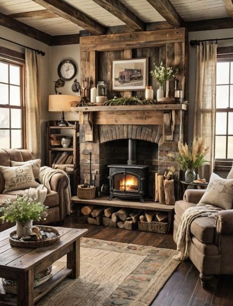 Living Rooms With Fireplace, Wood Burning Stoves Living Room, Cottage Living Rooms, Cabin Living, Cottage Living, Cozy Cabin, Cozy Room, Cozy Living Rooms, Cabin Decor