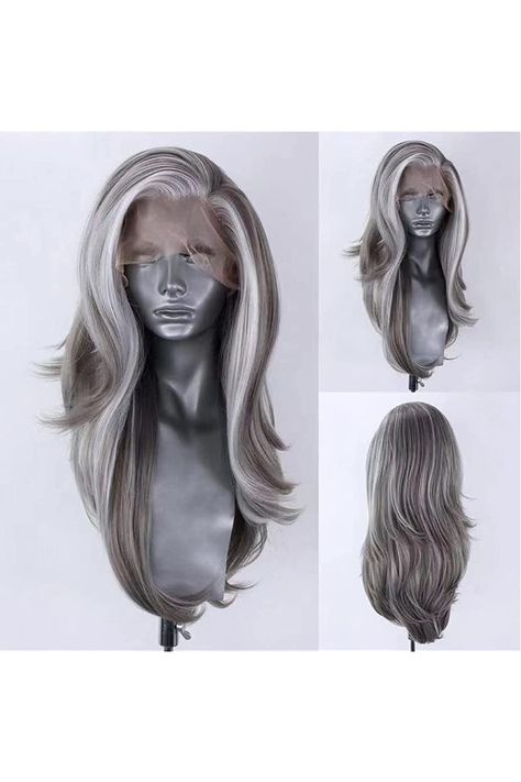 COCOFANS Silver Grey Wigs with White Highlights Natural Wave Mix Color Synthetic Lace Front Wig 22Inches Long Lace Wig Glueless Free Part Hair Replacement Daily Use Cosplay Grey Lace Front Wig, Silver Wigs, Grey Wig, White Highlights, Wig Stand, Synthetic Lace Wigs, Hair Replacement, Lace Hair, Blonde Ombre