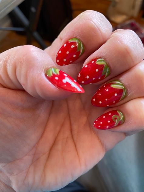 Red Fruit Nails, Berry Nails Design, Kiwi Nails, Apple Nails, Strawberry Nails Designs, Strawberry Nails Acrylic, Strawberry Nail Art, Fruit Nail Designs, Berry Nails