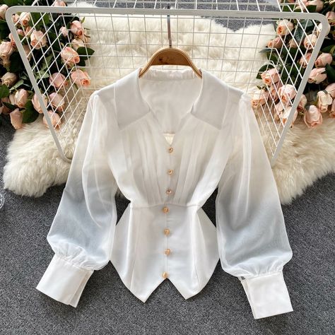 Ladies Tops Fashion Blouses, Chiffon Puff Sleeve, 2piece Outfits, Chiffon Blouses, Stylish Work Attire, 90s Fashion Outfits, Pleated Chiffon, Woman Suit Fashion, Pretty Blouses