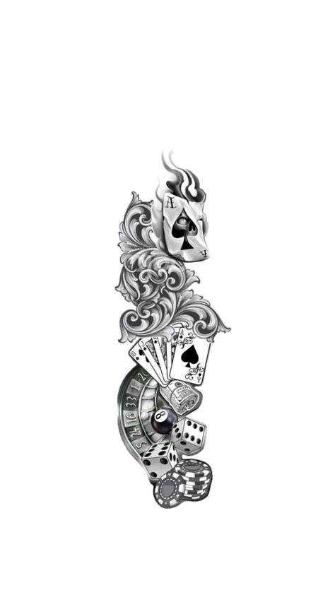 Poker Sleeve Tattoo, Ryan Ashley Tattoo Designs, Eight Ball Tattoo Design, Western Card Tattoo Ideas, Men’s Small Neck Tat, Casino Theme Tattoo, Victorian Mirror Tattoo, Spade Tattoo Design, Ace Card Wallpaper