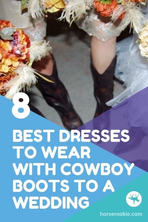 If you’re planning on wearing cowboy boots as a wedding guest, jeans might not quite cut it. We went on the hunt for some of the best dresses to wear with your boots! You’re welcome. #cowboyboots #westernwedding #wedding Boots To A Wedding As A Guest, Western Theme Wedding Outfit, Formal Dresses Western, Country Outfits Wedding Guest, Country Casual Outfits Wedding, Country Boots Dress Outfit, Boots And Ballgowns, Backyard Wedding Guest Attire, Date Night Outfit With Cowboy Boots