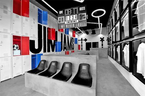 Check out this sporty design for JimJams Retail Store Design, Retail Interior, Sports Shops, Store Interior, Brand Development, Locker Room, Shop Interior Design, Pop Up Store, Shop Interior