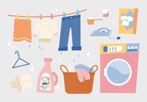 Laundry Hanging, Laundry Business, Creative Content, Digital Journal, Journal Stickers, Laundry Detergent, Spring Cleaning, Children Illustration, Flat Design