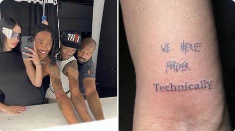 Kanye West, Lil Uzi Vert, Steve Lacy joint tattoo, we here forever technically We Here Forever Technically Tattoo, Lil Uzi Tattoo Ideas, Lil Uzi Vert Tattoos Ideas, Steve Lacy Tattoo Ideas, Kanye West Inspired Tattoo, Steve Lacy Drawing, Steve Lacy Tattoo, Kanye West Tattoo Ideas, Lil Uzi Vert Tattoos