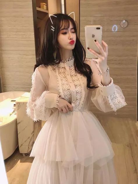 2020 Brand New Stand Collar Long Sleeve Lace Dress Transparent High Waist Layered Cake Dress Sweet Midi Dress Vestidos _ - AliExpress Mobile Gifts 2022, Lace Suit, Cake Dress, Sleeve Lace Dress, Gowns Dresses Elegant, Dress Book, Muslim Fashion Hijab Outfits, Karbala Photography, Layered Cake