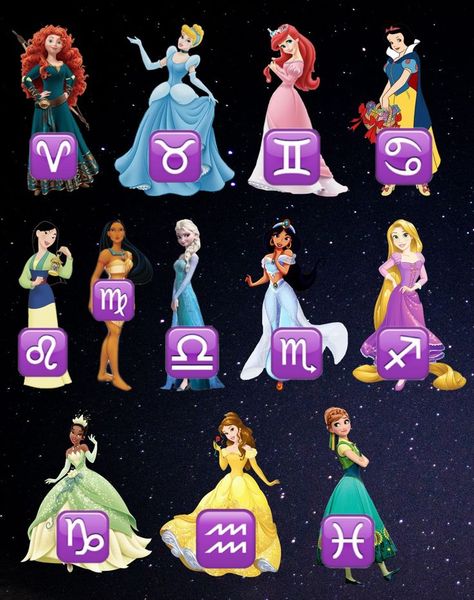 Princess Zodiac Signs, Disney Princess Zodiac, Alternative Disney Princesses, Zodiac Characters, Disney Characters Wallpaper, Rockets For Kids, Unicorn Birthday Cake, Zodiac Funny, Creative Drawing Prompts