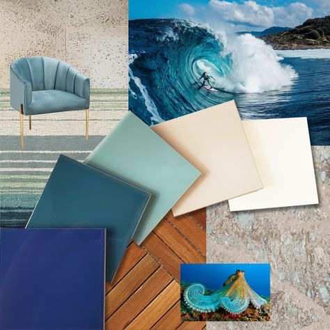 Lisa Chapman of Ideation Design Group says her swtaches mood board was inspired by the sea and "creating an ombre effect as seen in the creatures and waves of the ocean." Lisa envisions specifying Swatches as an "accent wall on an oceanfront project —like a spa or creative office space." Beach Concept Interior, Mood Board Sea Inspiration, Ocean Concept Interior, Ocean Theme Interior Design, Marine Interior Design, Ocean Themed Office, Ocean Mood Board, Ocean Interior Design, Beach Theme Office