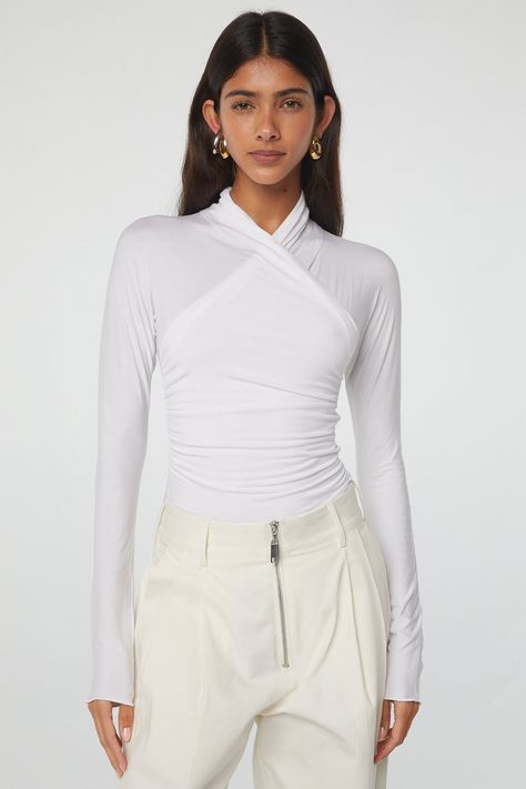 Felix Top - White | The Line by K The Line By K, Line By K, White Wrap Top, White Top Women, Tie Front Cardigan, Rayon Pants, Sheer Top, Wrap Top, High Neckline