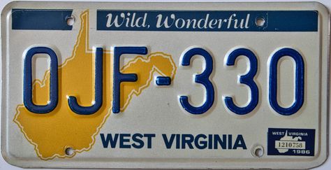 West Virginia 1986 passenger issue. This particular plate was an October registration, starting with the letter O instead of a number. Issued: 1982 – December 1994 Serial format: AAB-123 Ancient Alphabets, Car Plates, Letter O, License Plates, Cal Logo, West Virginia, License Plate, Passenger, Silver Plate