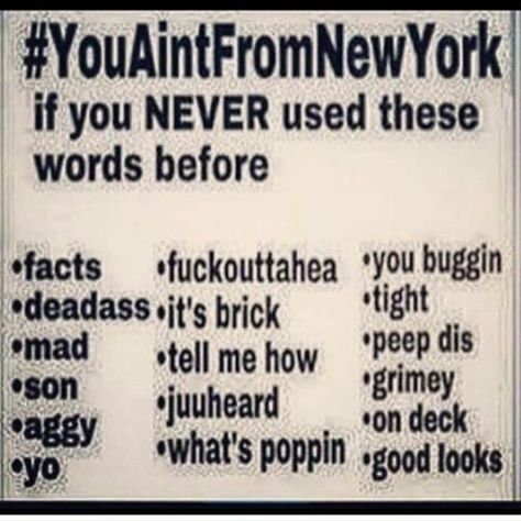 Toronto slang and NY are very similar.. Nyc Slang, Slang Words Popular, Foolish Quotes, Slang Quotes, Teen Slang, Boss Up Quotes, New York Quotes, Slang English, Vines Funny