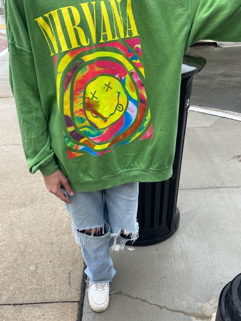 Nirvana Sweater Outfit, Green Nirvana Sweatshirt, Nirvana Sweatshirt Outfit, Nirvana Sweater, Sneaker Fits, Nirvana Sweatshirt, Rolling Loud, Sweater Outfit, Sweatshirt Outfit