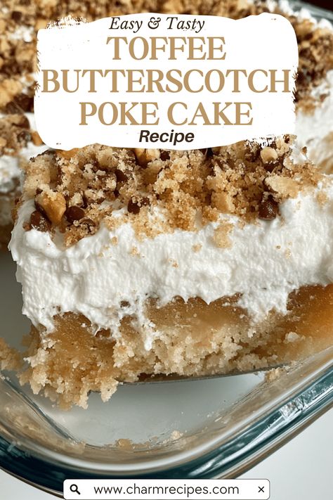 The first time I made Toffee Butterscotch Poke Cake was for my husband’s birthday. He’s a huge fan of anything butterscotch, so I wanted to surprise him with a cake that combined his favorite flavors. The moment he took his first bite, his eyes lit up, and I knew I had a winner. Now, this cake is a regular request for birthdays, holidays, and any time we want to indulge in something special. It's not just a cake; it's a celebration of all things sweet and delicious, bringing joy and smiles with Toffee Butterscotch Poke Cake Recipe, Toffee Butterscotch Cake, Desserts That Use Buttermilk, Kentucky Butter Poke Cake, Butter Toffee Cake, Combine Birthday Cake, Butterscotch Dessert Recipes, Holiday Poke Cakes, Recipes With Toffee