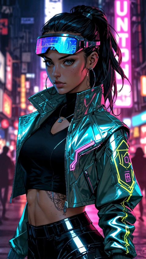 Neon Cyberpunk Aesthetic, Vietnamese Tattoo, Scifi Outfit, Cyberpunk Female, Ashley Roberts, Cyberpunk Girl, Roleplay Characters, Cyberpunk Aesthetic, Anime Pixel Art