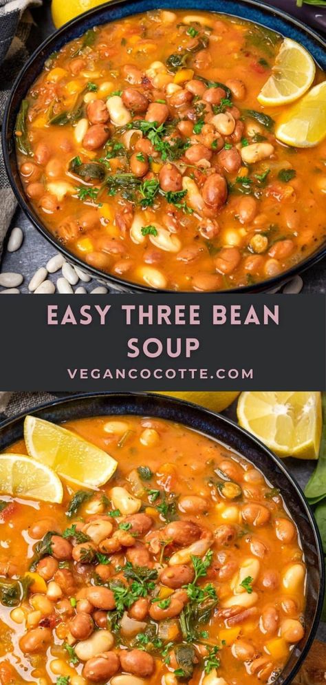 Three Bean Soup, Vegan Bean Soup, Easy Vegan Soup, Healthy Beans, Bean Soup Recipes, Vegan Soups, Easy Soups, Easy Soup Recipes, Healthy Soup Recipes