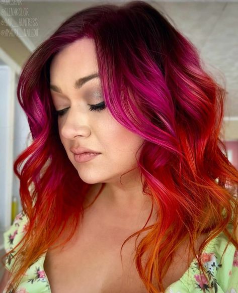 Vivid Hair With Shadow Root, Pink Red Orange Hair, Sunset Hair Color Short, Summer Hairstyles For Straight Hair, How To Make Hairstyle, Sunset Hair Color, Ideas For Hairstyles, Pink And Orange Hair, Color Melting Hair