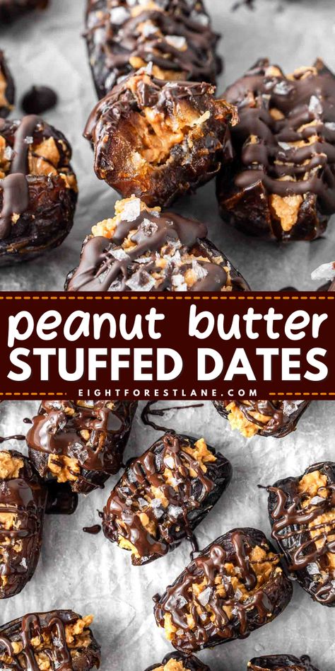 Peanut butter stuffed dates are a delicious little sweet snack or dessert. They are super easy to prepare and require just a few ingredients. With the rich and sticky caramel flavour of the medjool dates, the creamy peanut butter and just a little drizzle of dark chocolate and sea salt, these will be your go to healthy snack! Stuffed Dates Peanut Butter, Peanut Butter And Dates, Date Peanut Butter Cookies, Healthy Treats With Dates, Date Snack Recipes, Dates And Chocolate, Frozen Dates With Peanut Butter, Pb Stuffed Dates, Peanut Butter Chocolate Dates