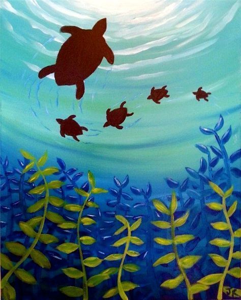 Rose Painting Acrylic, Underwater Painting, Painting Ideas For Beginners, Simple Canvas Paintings, Paint Night, Turtle Painting, Easy Canvas Painting, Turtle Art, Sea Painting