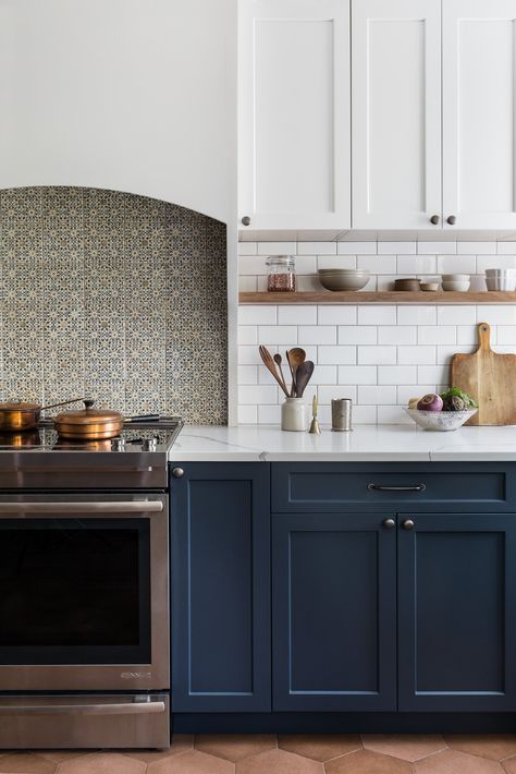 Cooks Kitchen - Brookline — Shannon Tate Interiors Italian Inspired Kitchen, Shannon Tate, Porcelain Hexagon Tile, Cooks Kitchen, Pink Cabinets, Tuscan Farmhouse, Two Tone Cabinets, White Subway Tiles, Small Sink