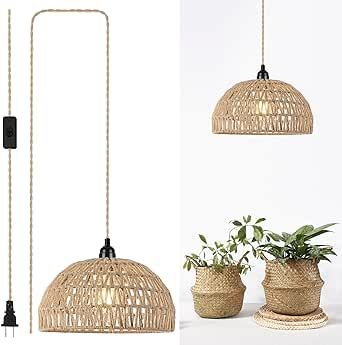 foucasal Plug in Pendant Light Hanging Lights with Plug in Cord 15ft Farmhouse Hanging Lamp Woven Rattan Plug in Ceiling Light Fixture for Living Dinning Room Bedroom Kitchen Island Plug In Ceiling Light, Plug In Hanging Light, Plug In Pendant Light, Light Hanging, Ceiling Light Fixture, Woven Rattan, Ceiling Light Fixtures, Ceiling Fixtures, Hanging Lamp