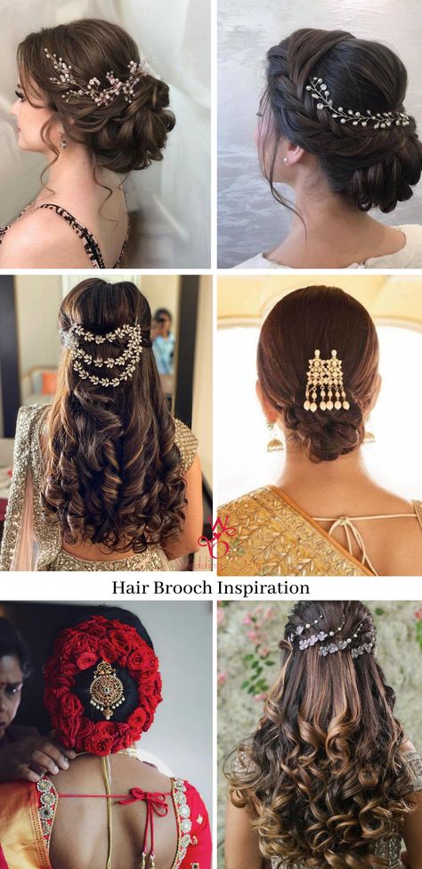 Hairstyle plays an essential part in a bridal outfit. Hair accessories have come a long way from simple hairpins to heavily embellished hair clips and brooch. And the perfect accessory helps you to enhance your look. Hence we have curated some hair brooch design for you to complete your bridal hairdo. #bridalhairbrooch #bridalaccessory #bridalhairdo #bridalhairstyle #indianwedding #weddingideas #weddinginspiration #bridaljewellery #bridalhairideas #weddingideas #indianweddinginspiration Hair Accessories For Open Hairstyle, Diamond Hair Accessories Indian, Bindya Hairstyle, Hair Brooch Hairstyle, Hair Assories For Wedding Indian, Brooch Hairstyle, Hair Accessories For Women Indian, Bridal Hair Brooch, Reception Hairstyle