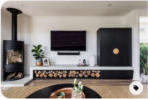 Wood Modern Living Room, Corner Log Burner, Living Room Black White, Modern Living Room Black, Wood Burning Stoves Living Room, Log Burner Living Room, Black White Kitchen, Fire Wood, Freestanding Fireplace