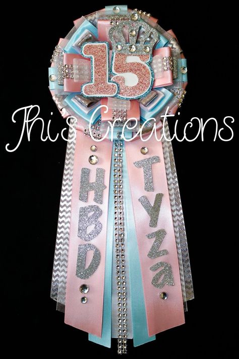 Diy Birthday Ribbon, Diy Birthday Pin, Mum Corsage, Birthday Corsage, Unique Homecoming Mums, Ribbon Corsage, Birthday Ribbon, 16th Birthday Decorations, Birthday Wine Glass