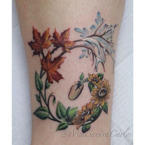 Four seasons tattoos. Love this concept! I would use different colors. Autumn To Winter Tattoo, Four Seasons Tattoo, Winter Tattoo Ideas, Spring Tattoos, Seasons Tattoo, Season Tattoo, Fall Tattoos, Spring Tattoo, Fall Leaves Tattoo