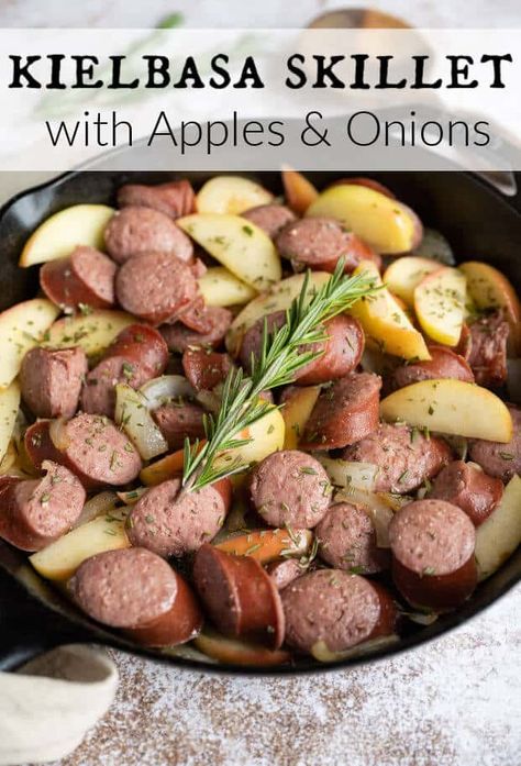 When the weather begins to turn and one-skillet meals are back on the menu, I absolutely recommend my Kielbasa Skillet recipe! If you are looking for a recipe that is flavorful, quick to make, and totally customizable, this is the perfect one.  This one-pan kielbasa dinner with apples and onions is packed with savory goodness, natural ingredients, and only 20 minutes total! via @artfrommytable Kielbasa Dinner, Kielbasa Skillet, Apples And Onions, Balsamic Vinaigrette Recipe, Kielbasa Recipes, Apple Sausage, One Skillet Meals, Frittata Recipes, Easy Meal Plans