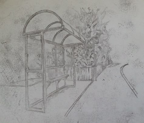 Alisha Johnson AS Fine Art Bus stop made using monoprinting ink Bus Stop Reference Drawing, Bus Stop Perspective Drawing, Bus Stop Drawing Sketch, Bus Stop Sketch, Bus Stop Painting, Bus Stop Drawing, Bus Sketch, Ych Reference, Mini Portfolio