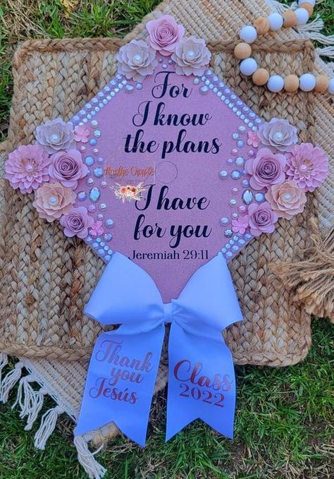 Custom graduation cap with bow: Bling 3d paper flowers Graduation cap designs Graduation cap decoration diy Graduation cap decoration College graduation cap decoration Graduation Cap God Quotes, God Cap Decoration Graduation, Delayed But Never Denied Graduation Cap, Customized Caps Graduation, Boho Grad Cap Ideas, Bling Graduation Cap Ideas, Graduation Cap Designs God Quotes, Graduation Cap Designs With Bow, Girl Grad Cap Ideas