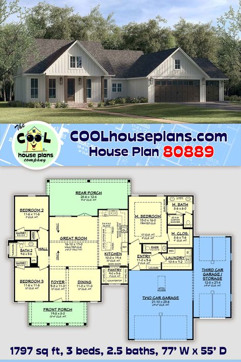 Traditional Style House Plan 80889 with 3 Bed, 3 Bath, 3 Car Garage 1800 Sq Ft House Plans 3 Car Garage, Three Car Garage House Plans, 3 Car Garage House Plans, Three Car Garage Plans, 3 Car Garage Plans, Three Bedroom House Plan, Three Bedroom House, Garage House Plans, Three Car Garage