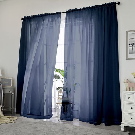 PRICES MAY VARY. 100% Polyester HIGH TWIST YARNS and ADVANCED DYEING TECHNOLOGY: OWENIE sheer curtains are made by premium polyester fabric, high twist 1050T yarns to passing OEKO-Tex Standard 100 certification, which is super soft and elegant, bringing a lightweight and finished look to your rooms. By advanced dyeing technology, and meet 40 hours-12 grades colour fastness washing / lighting test according to US AATCC TM requirement, not easy fade, safer and healthier. EASY to INSTALL & DECORATE Navy Curtains, Navy Blue Curtains, Curtains Sheer, Blue Drapes, Drapes For Living Room, Decorative Curtains, White Sheer Curtains, Voile Curtains, Sheer Curtain Panels