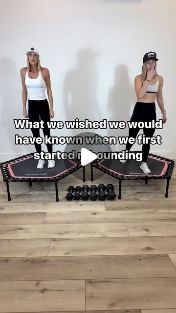 Jess Hammer & Riah Adams on Instagram: "Understanding the down bounce on a rebounder or mini trampoline will make you feel so much more comfortable during your workouts.   Unlike a traditional trampoline where you aim to jump high, the down bounce involves bending your knees like a squat and pressing down into the trampoline.   This technique focuses on staying low and using your legs to push into the tramp, creating a different kind of stability and control.  When your body and mind connect this concept, you will sail through your workouts with ease.   The down bounce not only enhances your balance but also provides a more stable and controlled movement pattern, making each session more effective and enjoyable.  Once you get this technique, and you’ll notice a significant improvement in y Rebounder Before And After, Trampoline Tricks For Beginners, Trampoline Exercises Workouts, Rebounding Before And After, Trampoline Exercises, Rebounding Workout, Trampoline Ideas, Mini Trampoline Workout, Movement Pattern