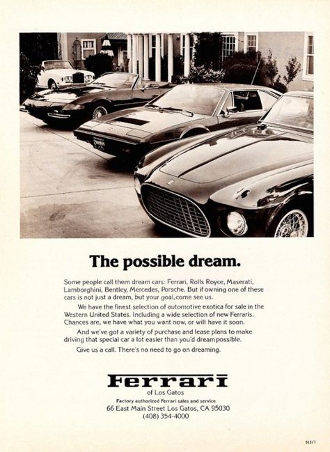 Ferrari of Los Gatos Ferrari Advertising, Vintage Car Ads, Copywriting Examples, Automotive Advertising, Vintage Ferrari, Datsun Car, Ferrari Poster, Prancing Horse, Ferrari 308