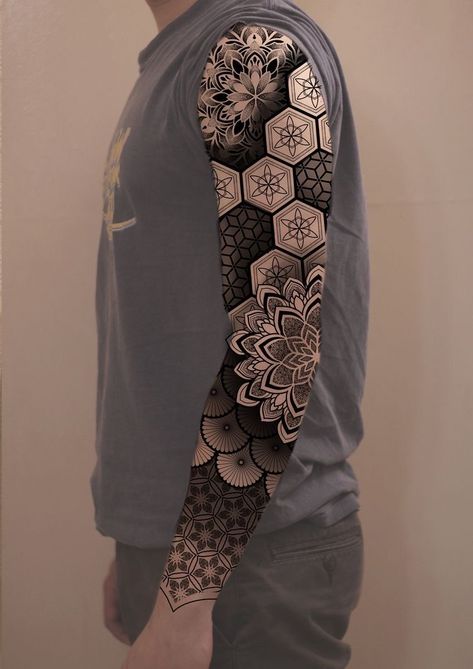 Geometric Full Sleeve Tattoo Design, Geometric Full Sleeve Tattoo, Tattoo Sleeve Designs Women, Dotwork Pattern Tattoo, Pattern Sleeve Tattoo, Geometric Tattoo Leg Sleeve, Pattern Tattoo Design, Geometric Tattoo Sleeve, Geometric Tattoo Filler