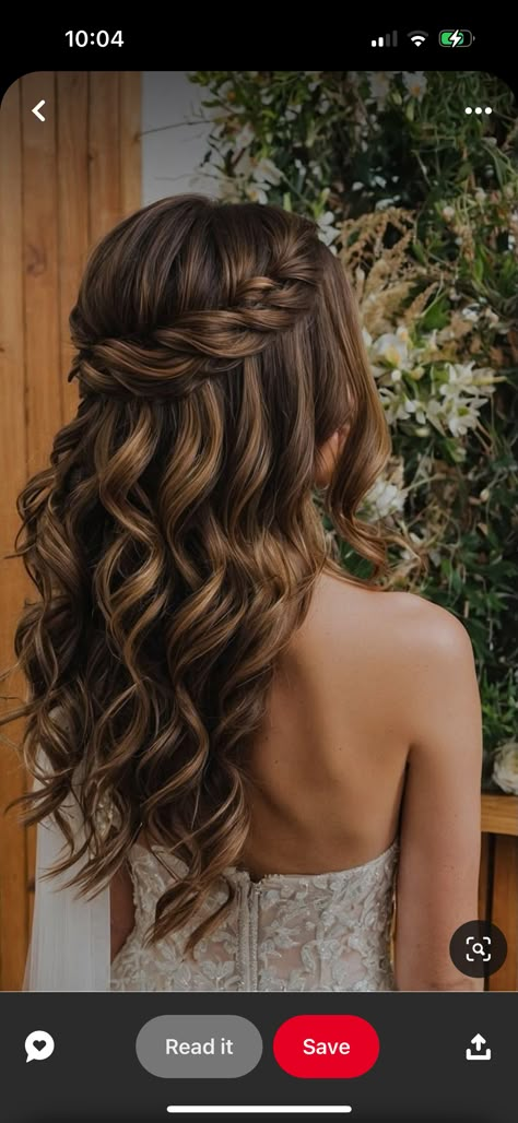 Simple Curled Hair With Braid, Wedding Guest Hairstyles Curled Down, Half Up Half Down Hair For Graduation, Bridesmaid Hairstyles Beach Waves, Curly Hairstyle For Bride, Hairstyle Ideas For Bridesmaids, Curl Bridal Hairstyles, Half Up Curls Hairstyles, Hoco Game Hairstyles