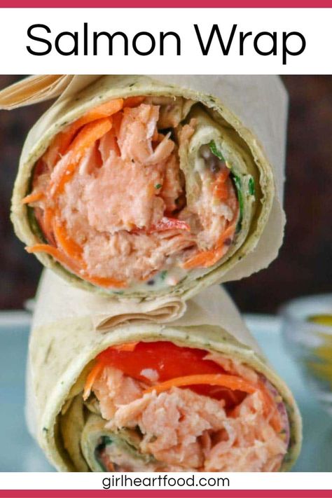 If you're looking for a delicious and easy lunch idea, try this salmon wrap! Made with fresh salmon, veggies and a creamy honey mustard yogurt sauce, it's super satisfying! #salmonwrap #easywraprecipe #freshsalmonwrap #salmonwraprecipe #lunchidea #easylunchidea #lunchrecipe Salmon Wrap Recipes Healthy, Wrap Sauce Recipe, Salmon Wrap Recipes, Wrap Recipes For Lunch, Salmon Wraps, Salmon Pinwheels, Salmon Veggies, Creamy Honey Mustard, Pescetarian Diet