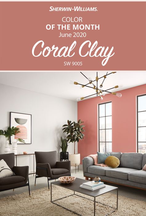 Coral Clay SW 9005 from Sherwin-Williams is the accent color your walls deserve. Sophisticated with a touch of glam, this hue coordinates perfectly with woodtones, metalics and organic greenery. Tap this pin to order online.#sherwinwilliams #colorofthemonth #june #diy #inspiration Salmon Colored Walls Living Room, Salmon Accent Wall Bedroom, Sherwin Williams Salmon Paint Colors, Salmon Walls Living Room, Sherwin Williams Coral Clay, Sw Coral Clay, Rose Paint Color Sherwin Williams, Soft Coral Paint Color, Coral Office Walls