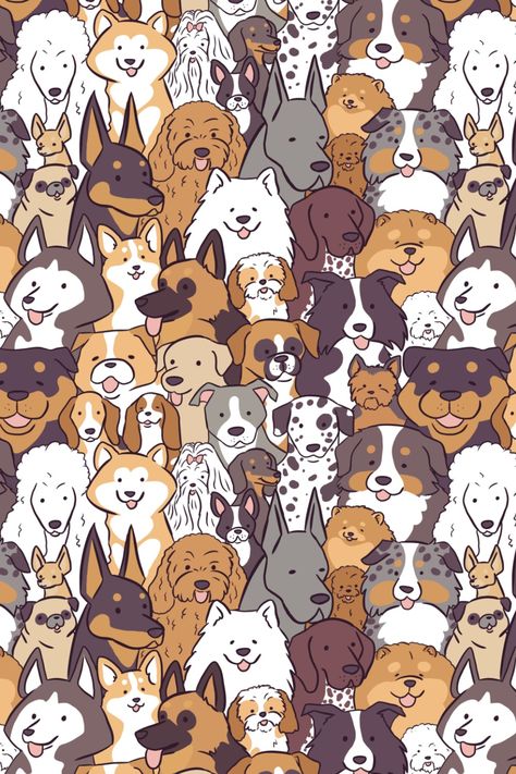 So many dogs- 31 dog breeds pattern illustration Cat Dog Wallpaper Cartoon, I Love Dogs Wallpaper, Dog Breeds Illustration, Cute Dog Backgrounds, Doodle Background Wallpapers, Cute Wallpapers Dogs, Dog Collage Wallpaper, Wallpaper Backgrounds Dog, Dog Love Wallpaper