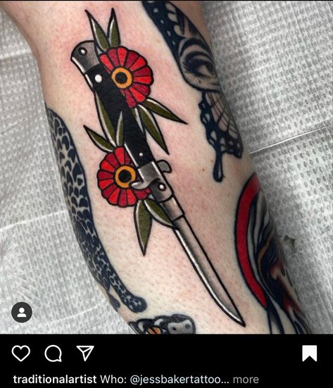 Scream Knife Tattoo, Pocket Knife Tattoo, American Traditional Tattoos Black, Scream Knife, Traditional Tattoos Black, Scream Tattoo, Tattoo American Traditional, Traditional Tattoo Man, American Traditional Tattoos